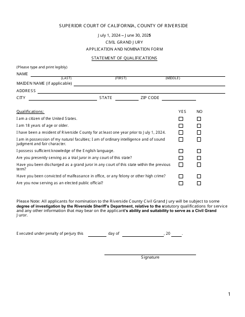 Civil Grand Jury Application and Nomination Form - County of Riverside, California Download Pdf