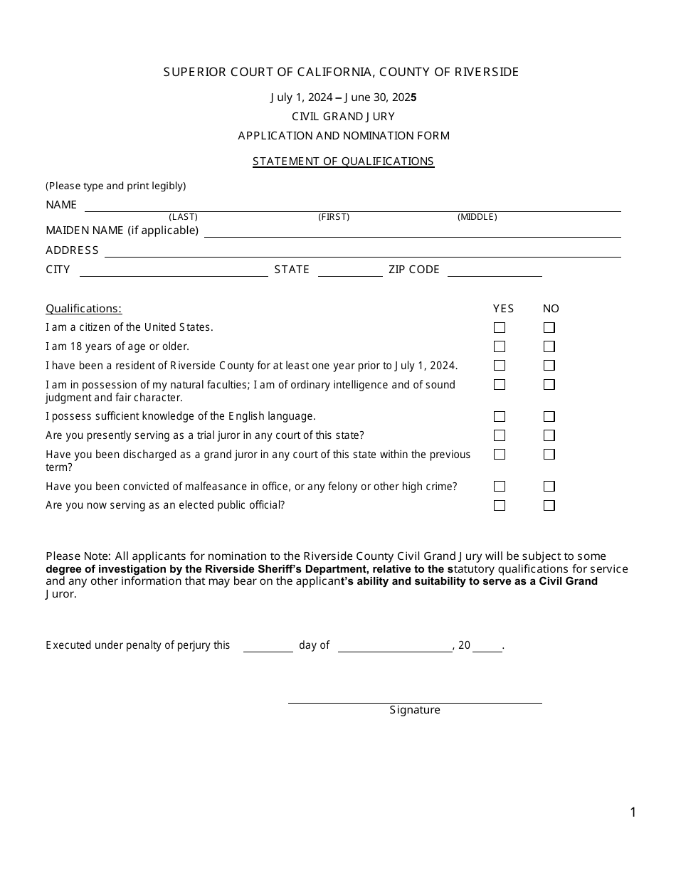 Civil Grand Jury Application and Nomination Form - County of Riverside, California, Page 1