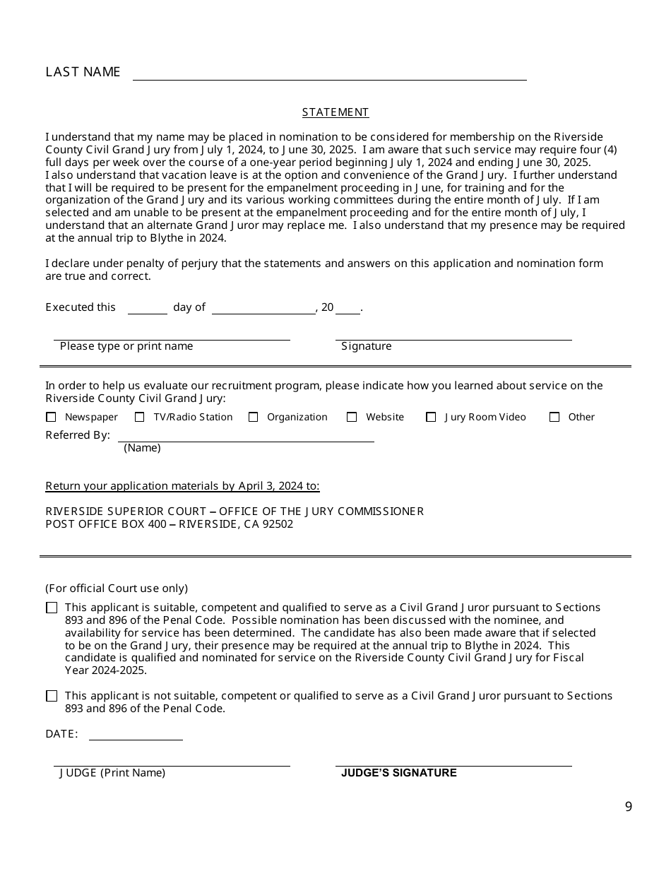 Civil Grand Jury Application and Nomination Form - County of Riverside, California, Page 9