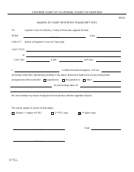 Document preview: Form RE012 Waiver of Court Reporter Transcript Fees - County of Riverside, California