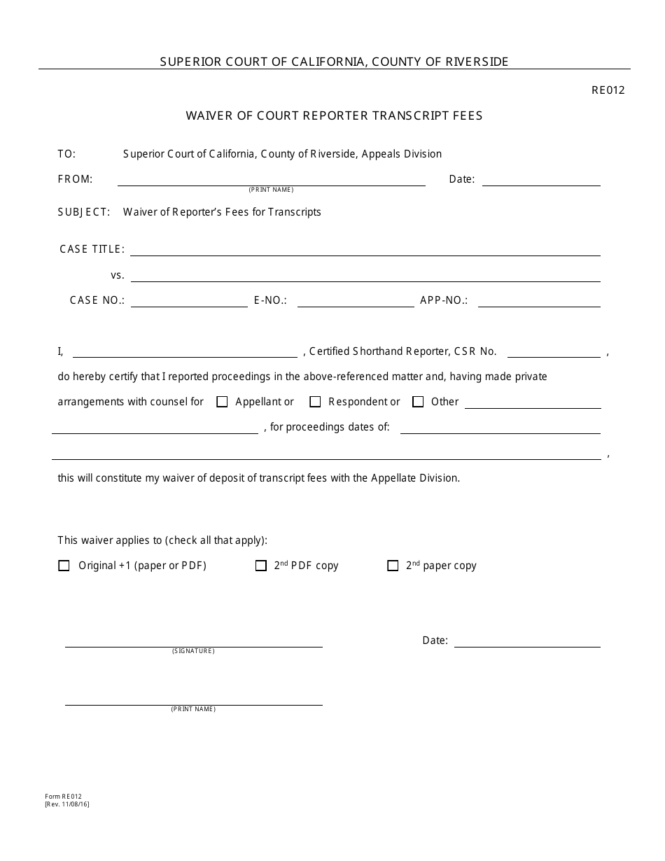 Form RE012 Waiver of Court Reporter Transcript Fees - County of Riverside, California, Page 1