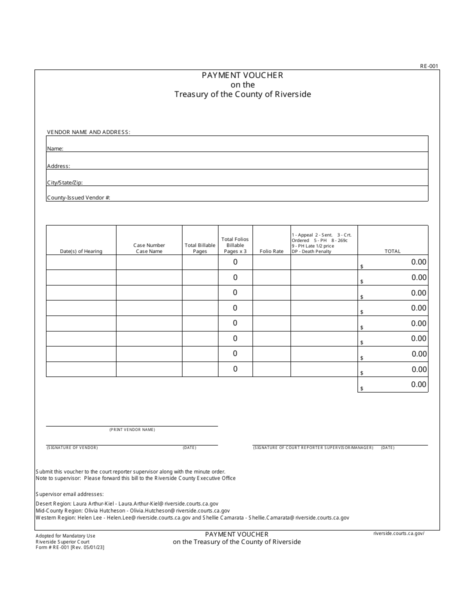 Form RE-001 Payment Voucher - County of Riverside, California, Page 1