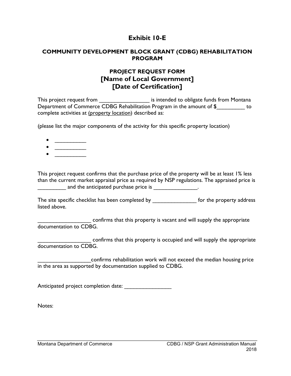 Exhibit 10-E Project Request Form - Community Development Block Grant (Cdbg) Rehabilitation Program - Montana, Page 1