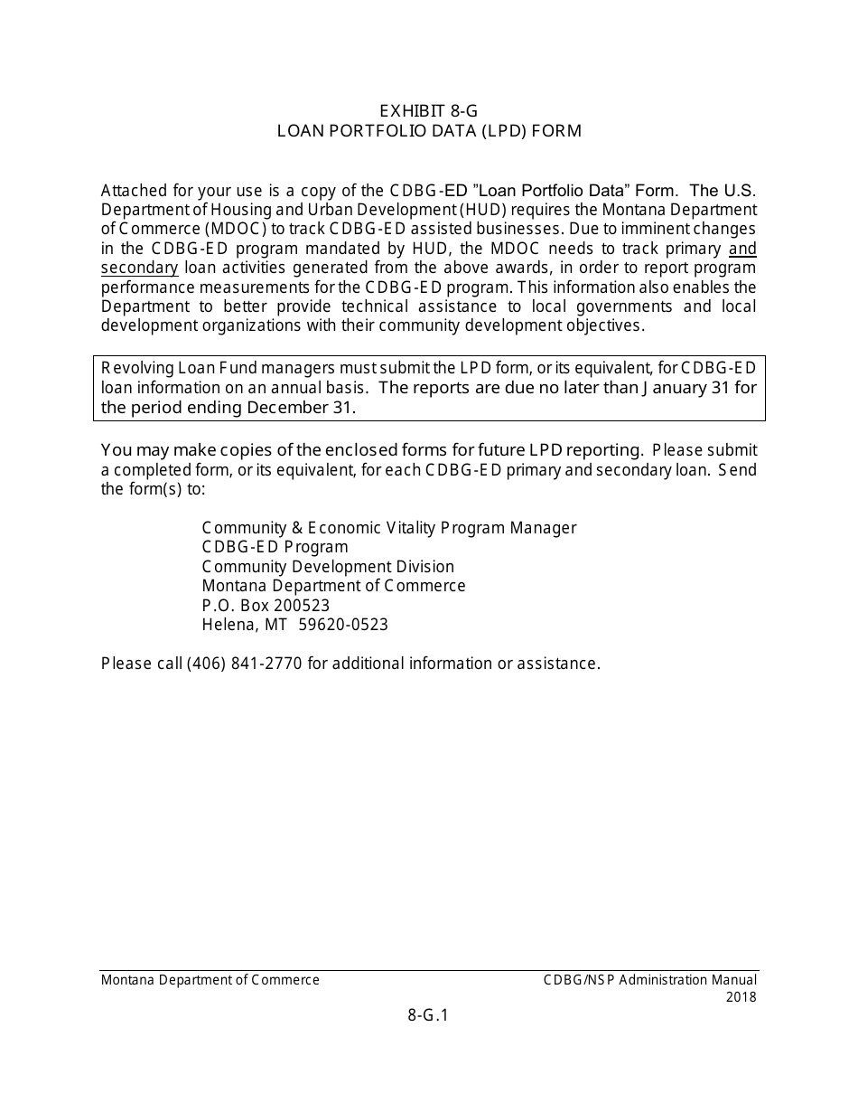 Exhibit 8-G Loan Portfolio Data (Lpd) Form - Montana Community Development Block Grant Economic Development (Cdbg-Ed) Loan Program - Montana, Page 1