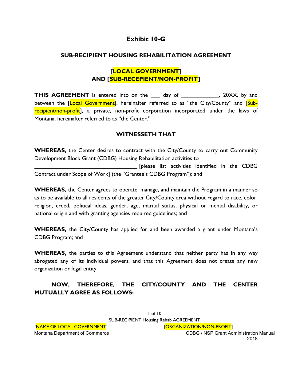 Exhibit 10-G Sample Sub-recipient Housing Rehabilitation Agreement - Montana, Page 1