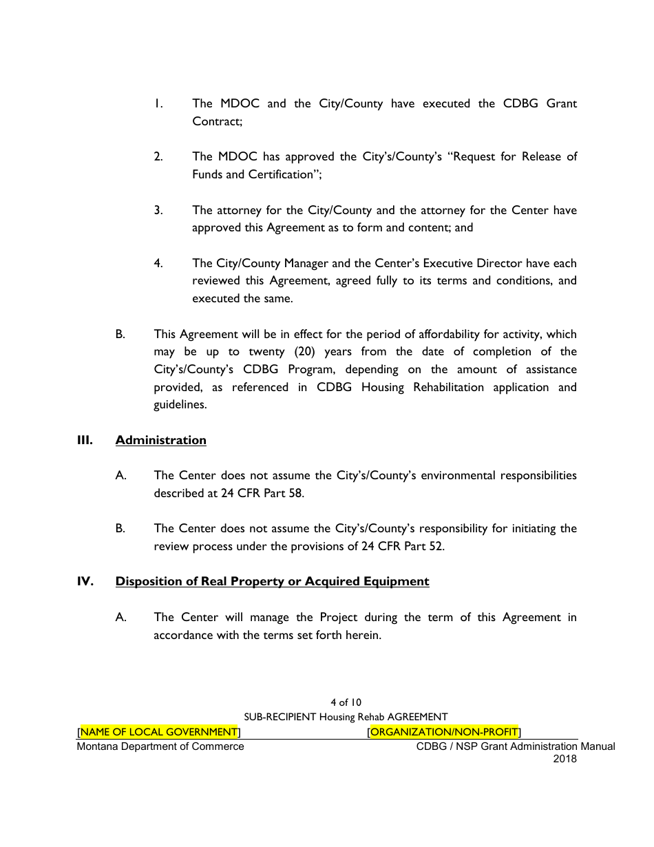 Exhibit 10-G Sample Sub-recipient Housing Rehabilitation Agreement - Montana, Page 4