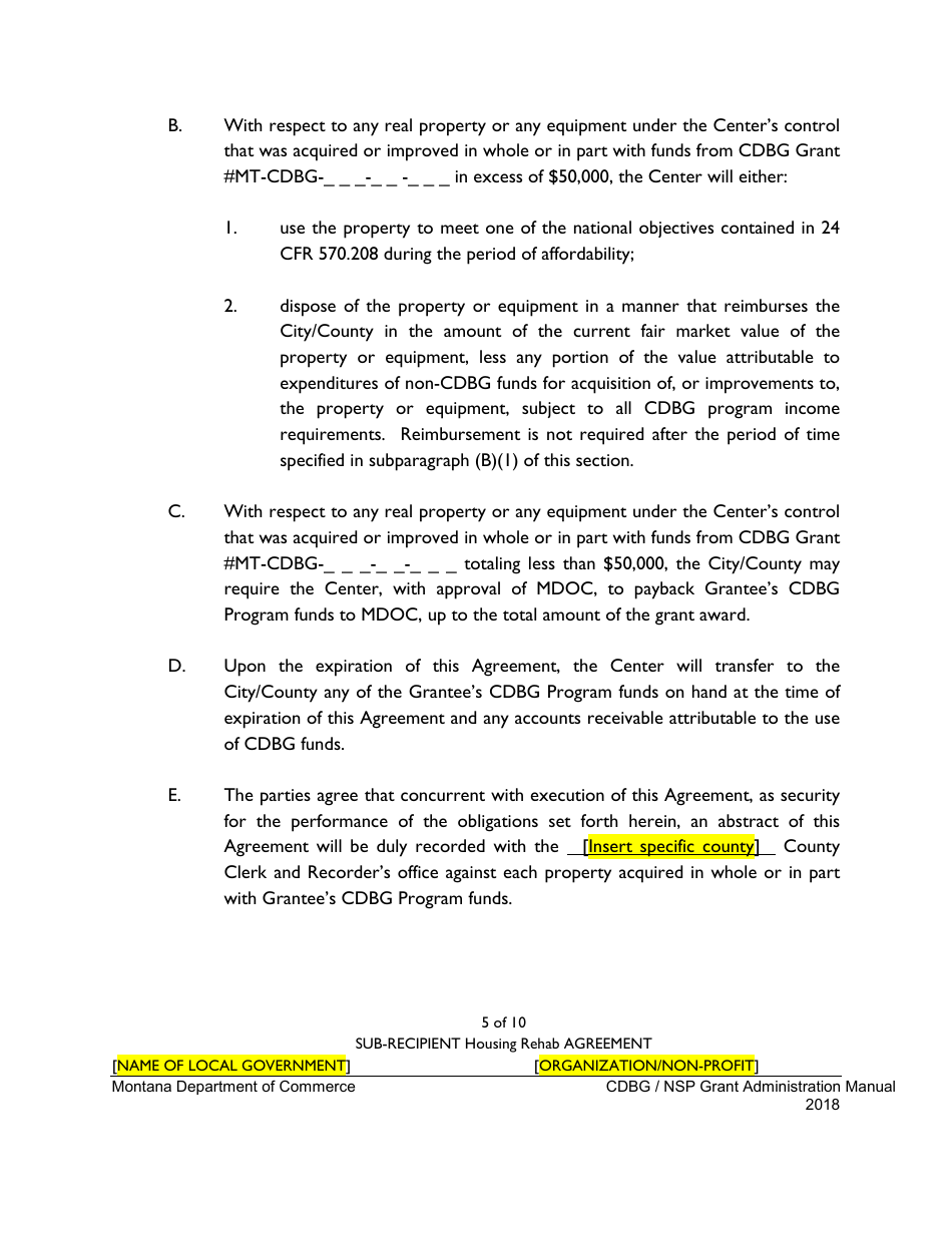 Exhibit 10-G Sample Sub-recipient Housing Rehabilitation Agreement - Montana, Page 5