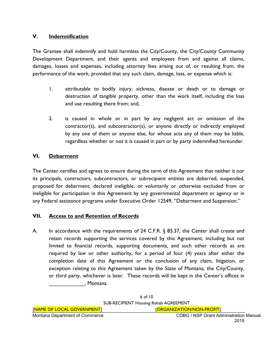 Exhibit 10-G Sample Sub-recipient Housing Rehabilitation Agreement - Montana, Page 6