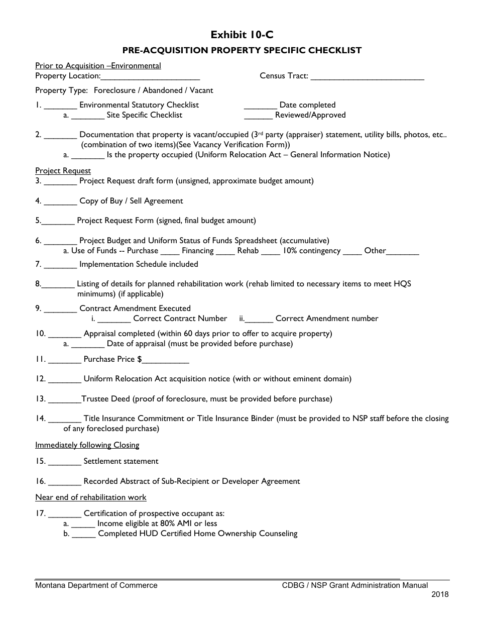 Exhibit 10-C Pre-acquisition Property Specific Checklist - Montana, Page 1