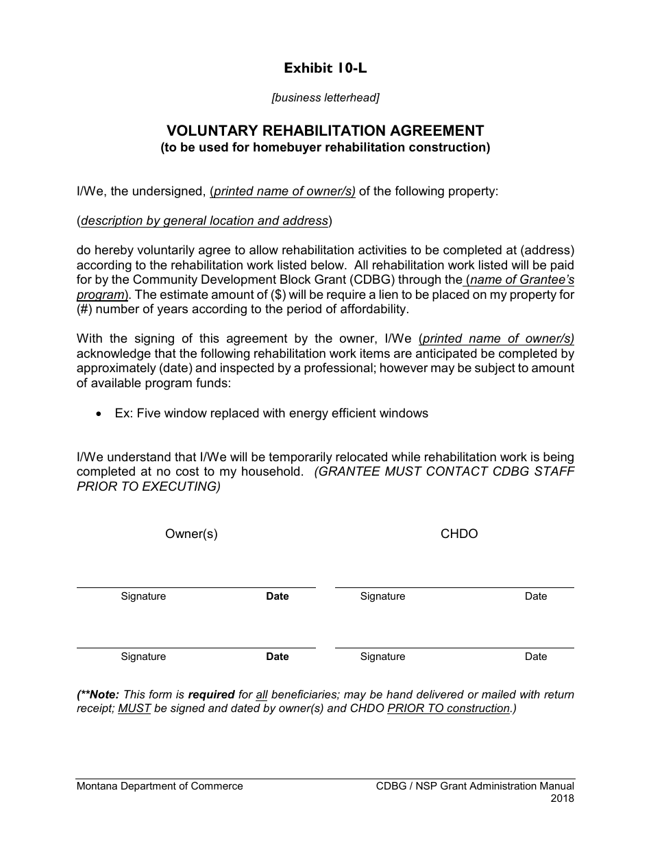 Exhibit 10-L Voluntary Rehabilitation Agreement - Montana, Page 1