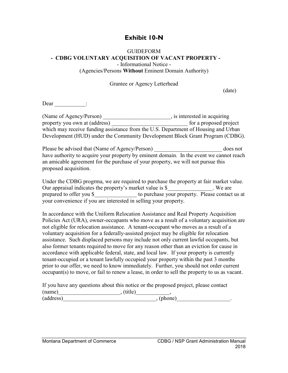 Exhibit 10-N Cdbg Rehab Owner Notice of Voluntary Acquisition - No Eminent Domain - Sample - Montana, Page 1