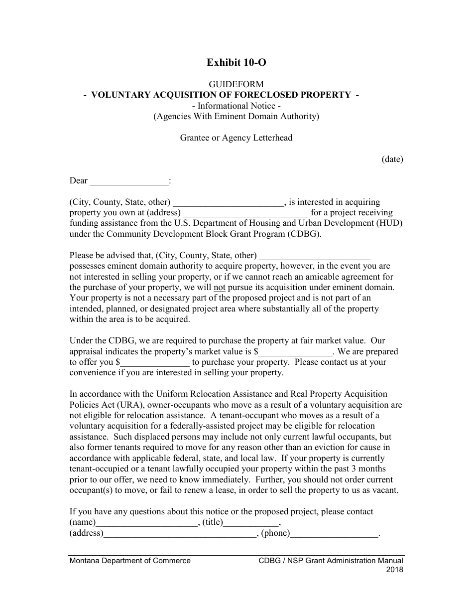 Exhibit 10-O Cdbg Rehab Owner Notice of Voluntary Acquisition - With Eminent Domain - Montana, Page 1