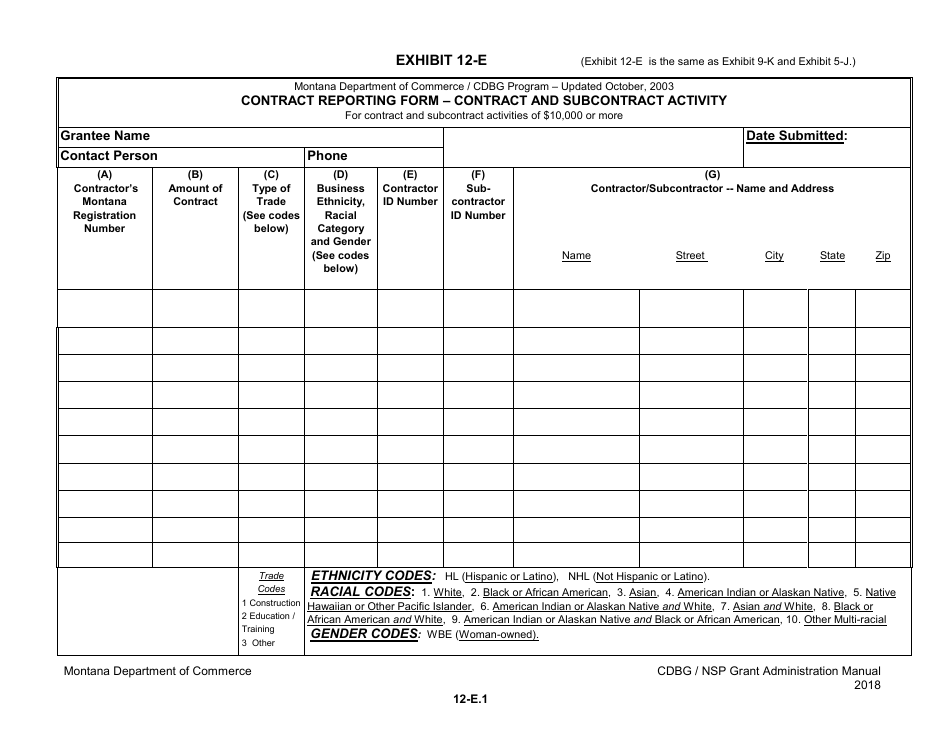 Exhibit 12-E Contract Reporting Form - Montana, Page 1