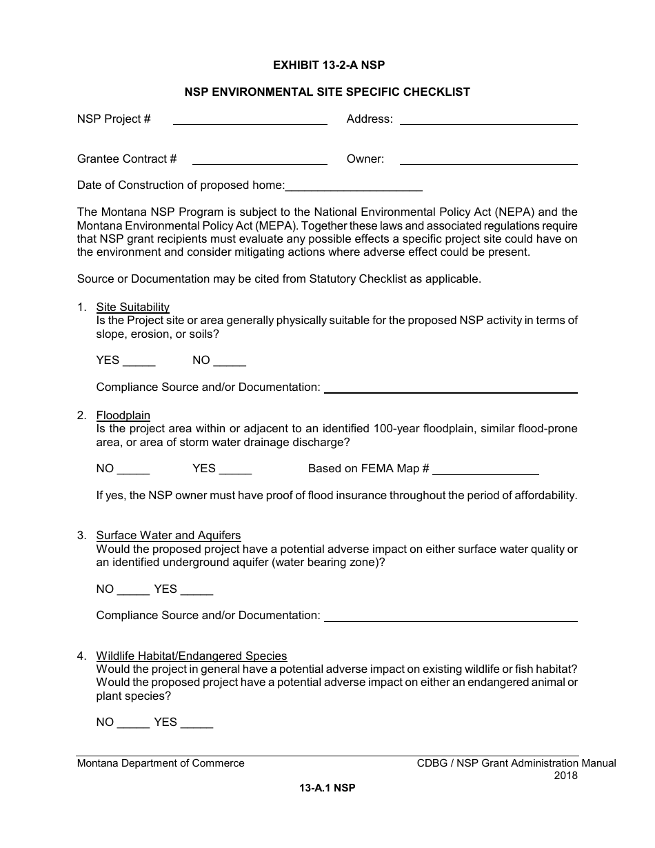 Exhibit 13-2-A NSP Nsp Environmental Site Specific Checklist - Montana, Page 1