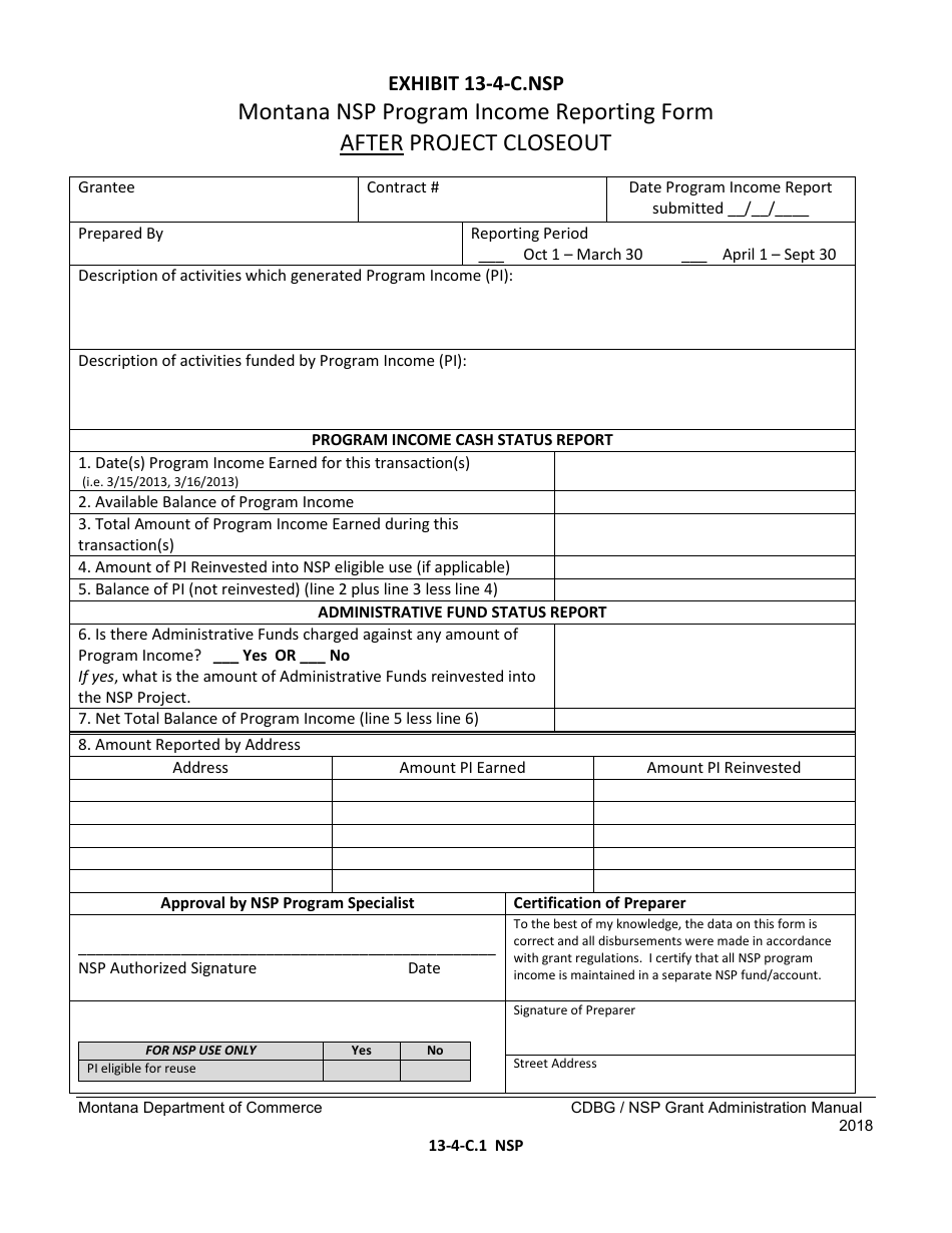 Exhibit 13-4-C.NSP Income Reporting Form After Project Closeout - Montana Nsp Program - Montana, Page 1
