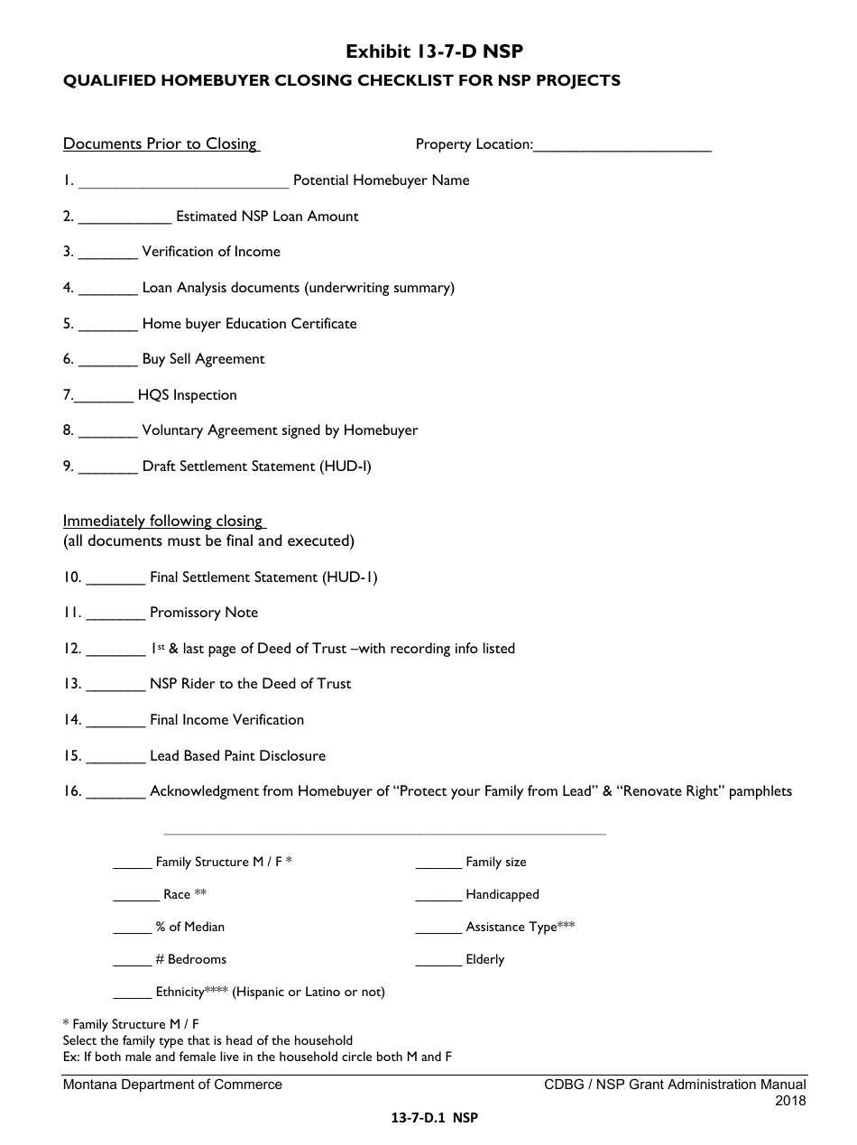 Exhibit 13-7-D NSP Qualified Homebuyer Closing Checklist for Nsp Projects - Montana, Page 1