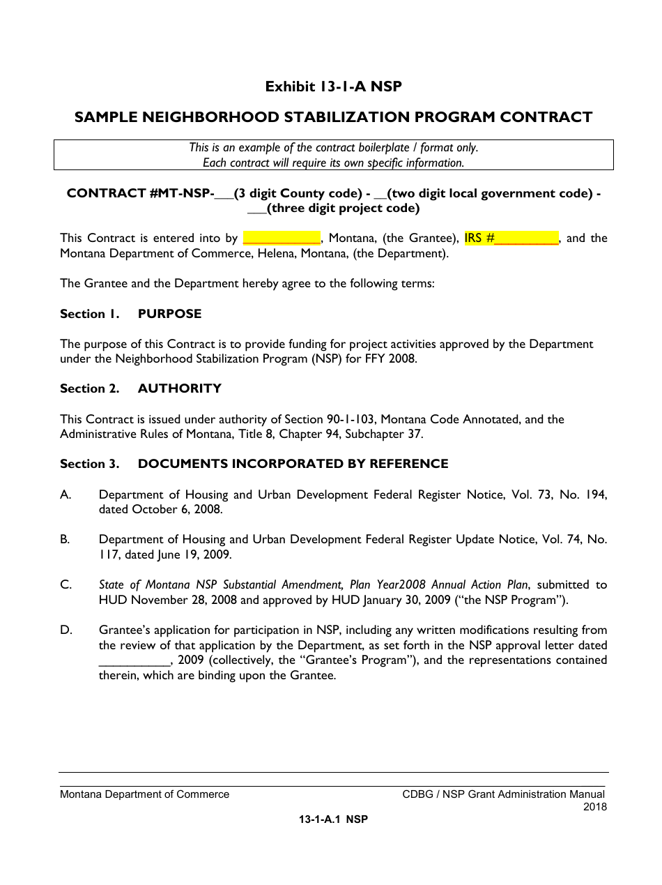 Exhibit 13-1-A NSP Neighborhood Stabilization Program Contract - Montana, Page 1