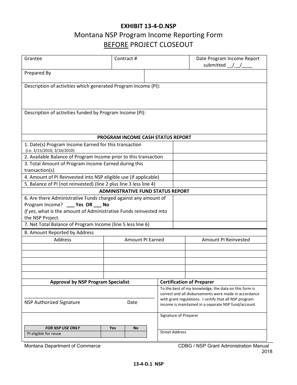 Exhibit 13-4-D.NSP Income Reporting Form Before Project Closeout - Montana Nsp Program - Montana, Page 1