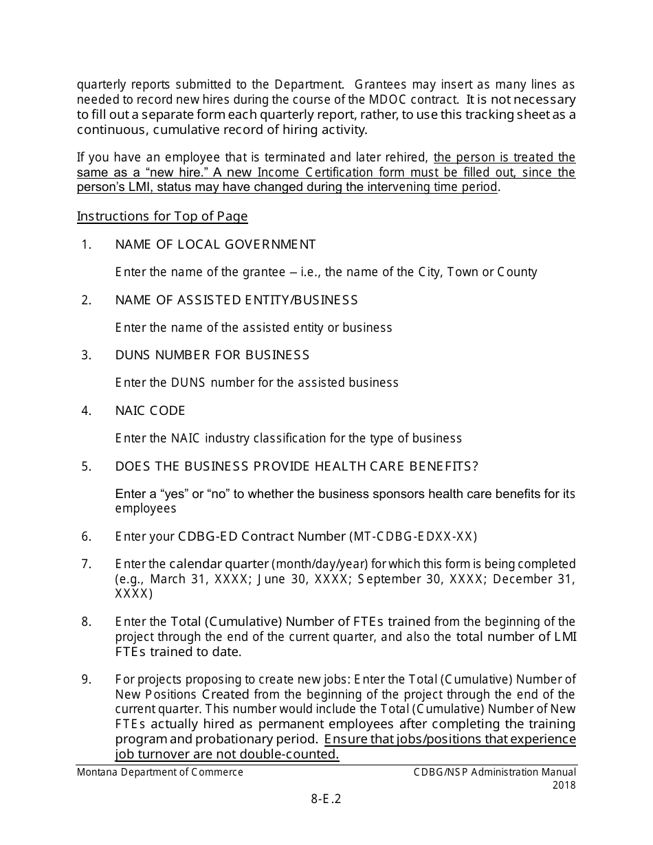 Instructions for Exhibit 9-E Employment Tracking  Direct Benefit Summary - Montana, Page 2