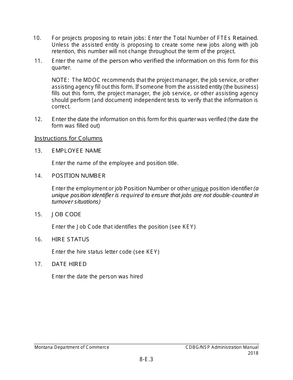 Instructions for Exhibit 9-E Employment Tracking  Direct Benefit Summary - Montana, Page 3