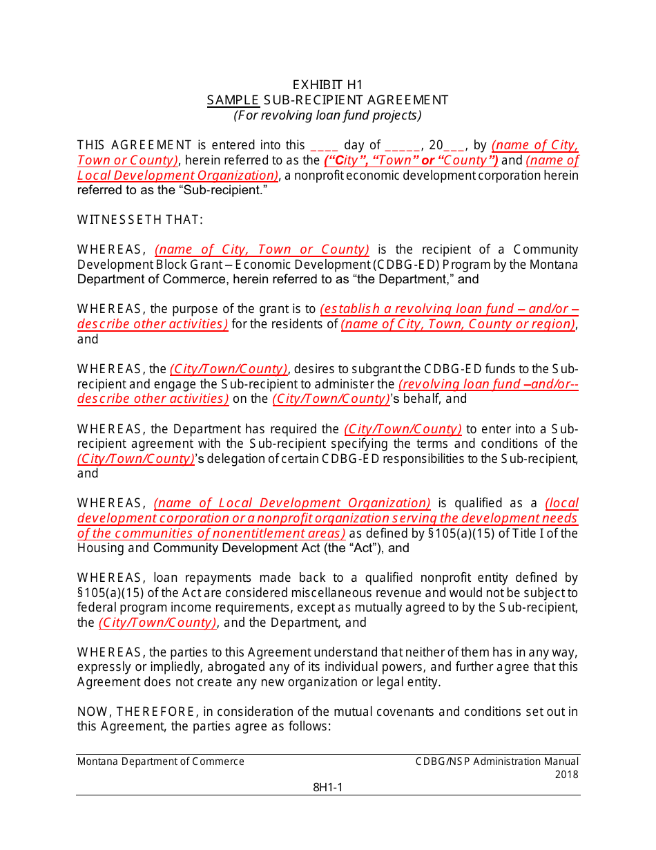 Exhibit H1 Sub-recipient Agreement (For Revolving Loan Fund Projects) - Montana, Page 1