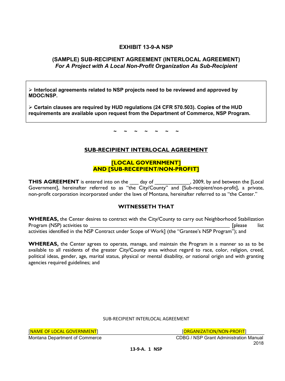 Exhibit 13-9-A NSP Sub-recipient Agreement (Interlocal Agreement) for a Project With a Local Non-profit Organization as Sub-recipient - Montana, Page 1