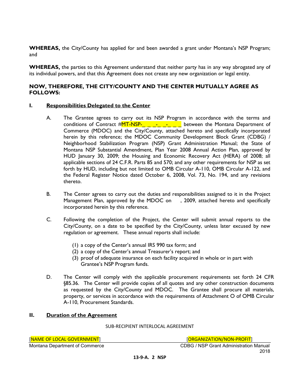 Exhibit 13-9-A NSP Sub-recipient Agreement (Interlocal Agreement) for a Project With a Local Non-profit Organization as Sub-recipient - Montana, Page 2