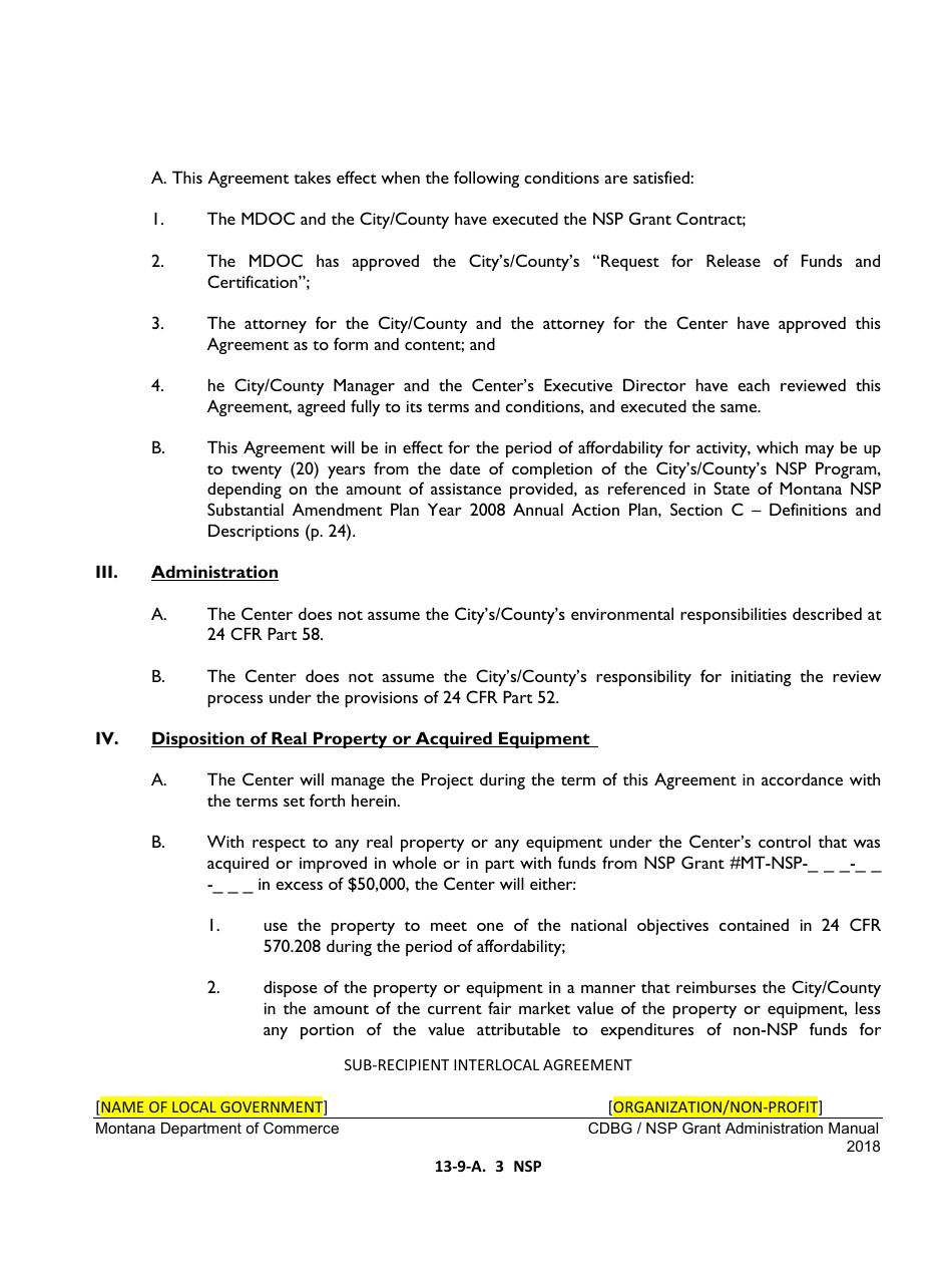 Exhibit 13-9-A NSP Sub-recipient Agreement (Interlocal Agreement) for a Project With a Local Non-profit Organization as Sub-recipient - Montana, Page 3