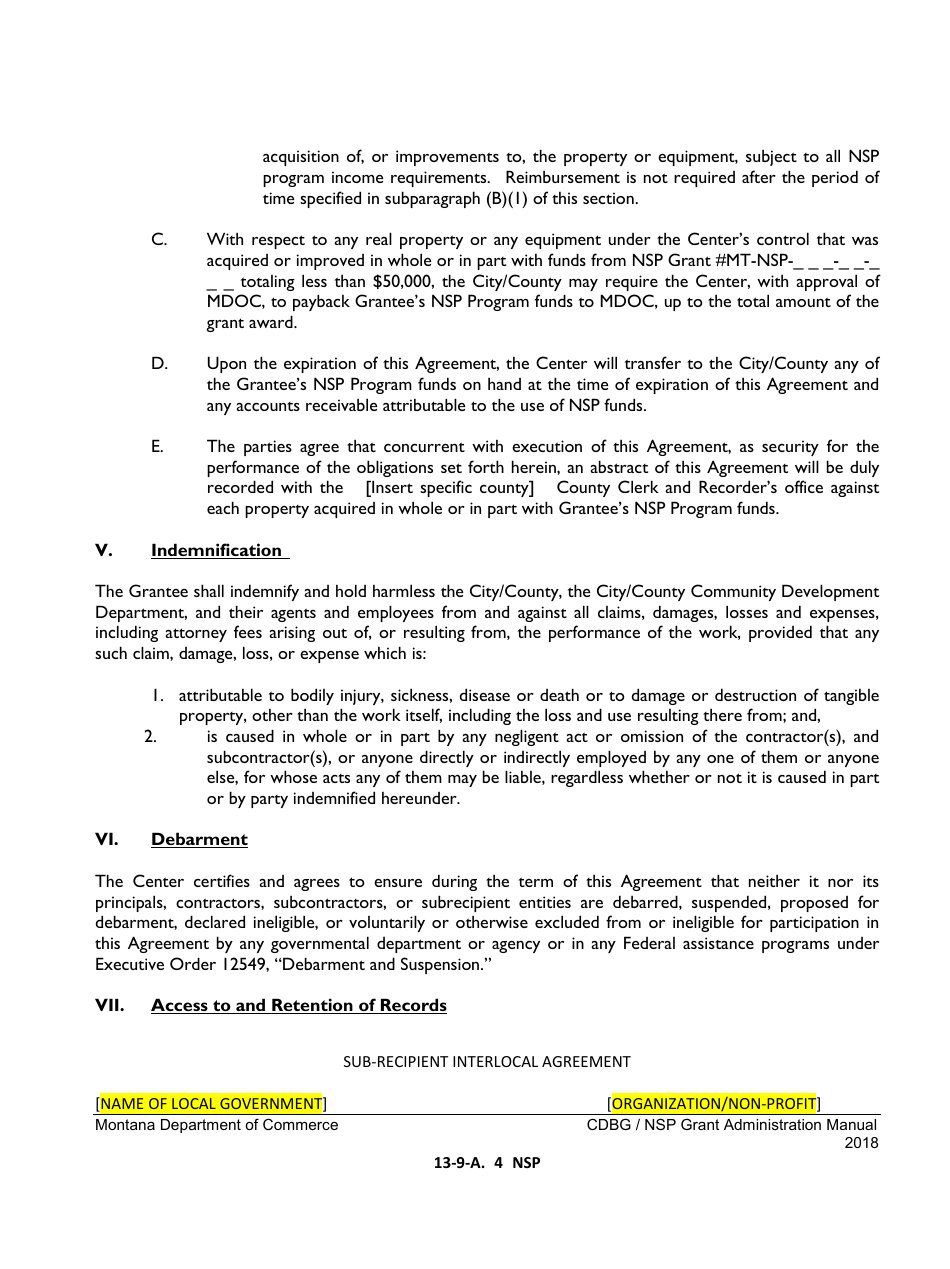 Exhibit 13-9-A NSP Sub-recipient Agreement (Interlocal Agreement) for a Project With a Local Non-profit Organization as Sub-recipient - Montana, Page 4