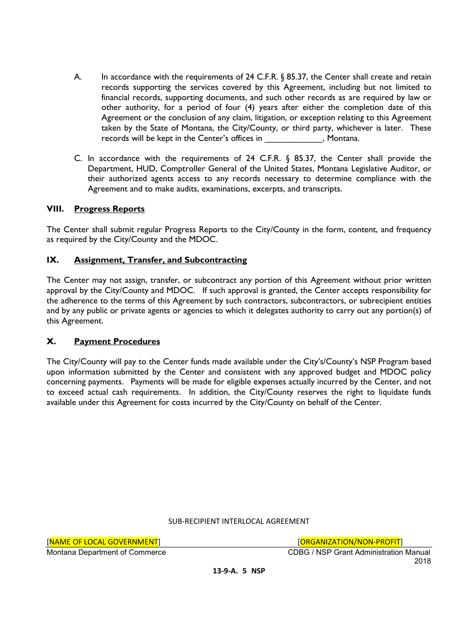Exhibit 13-9-A NSP Sub-recipient Agreement (Interlocal Agreement) for a Project With a Local Non-profit Organization as Sub-recipient - Montana, Page 5