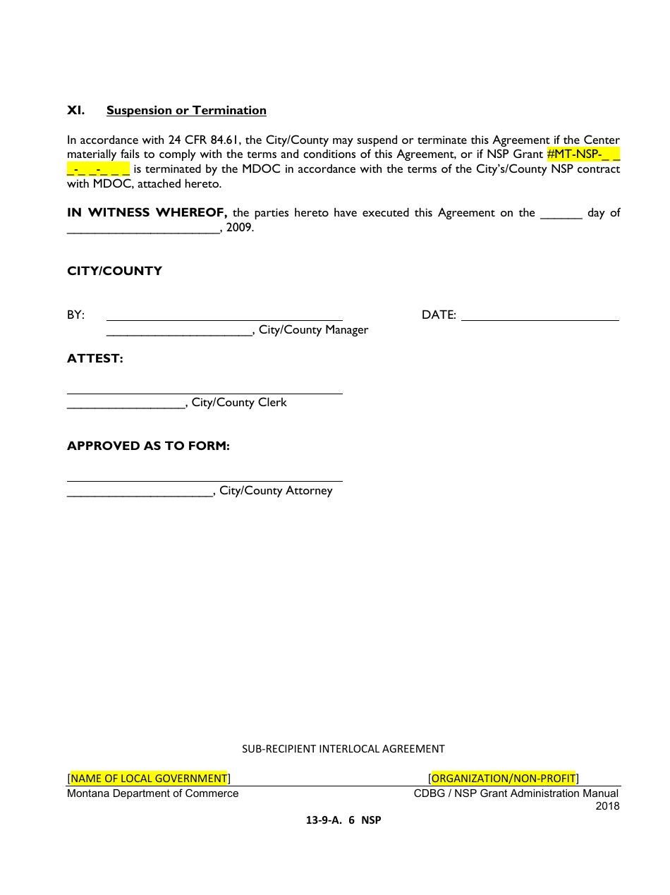 Exhibit 13-9-A NSP Sub-recipient Agreement (Interlocal Agreement) for a Project With a Local Non-profit Organization as Sub-recipient - Montana, Page 6