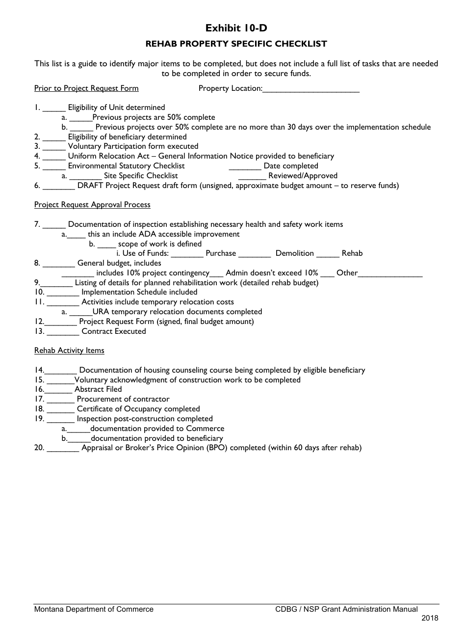 Exhibit 10-D Rehab Property Specific Checklist - Montana, Page 1