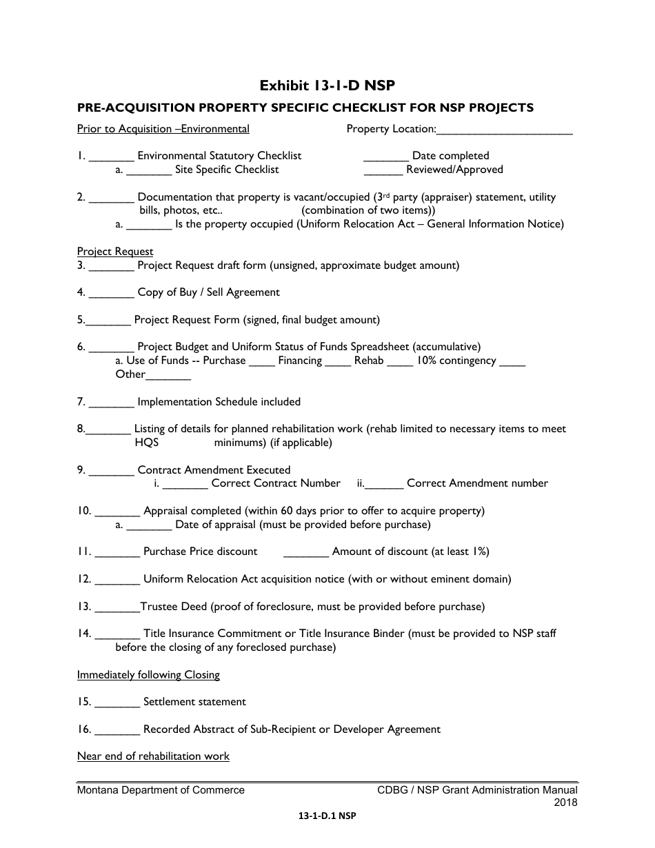 Exhibit 13-1-D NSP Pre-acquisition Property Specific Checklist for Nsp Projects - Montana, Page 1