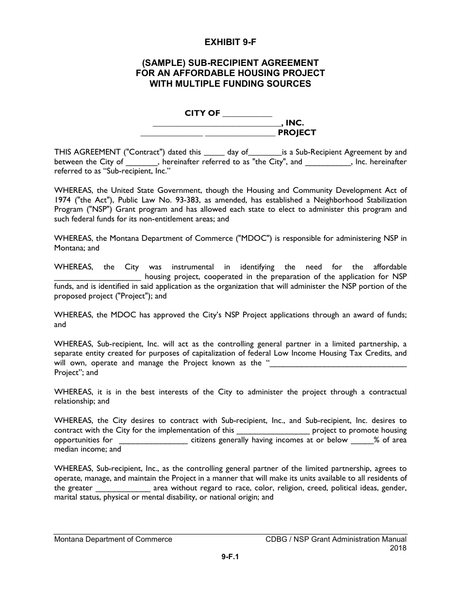 Exhibit 9-F Sub-recipient Agreement for an Affordable Housing Project With Multiple Funding Sources - Montana, Page 1
