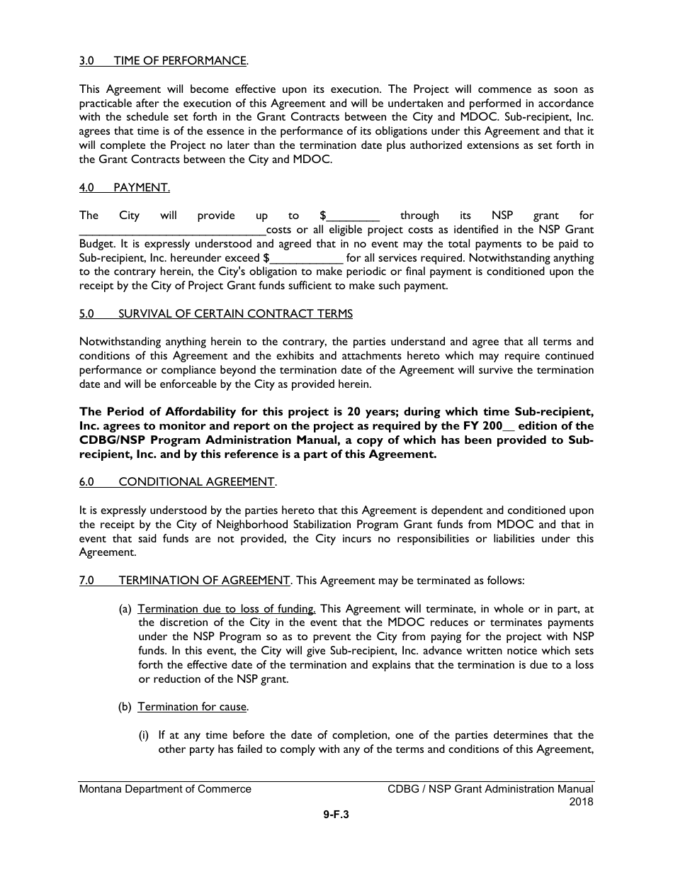 Exhibit 9-F Sub-recipient Agreement for an Affordable Housing Project With Multiple Funding Sources - Montana, Page 3