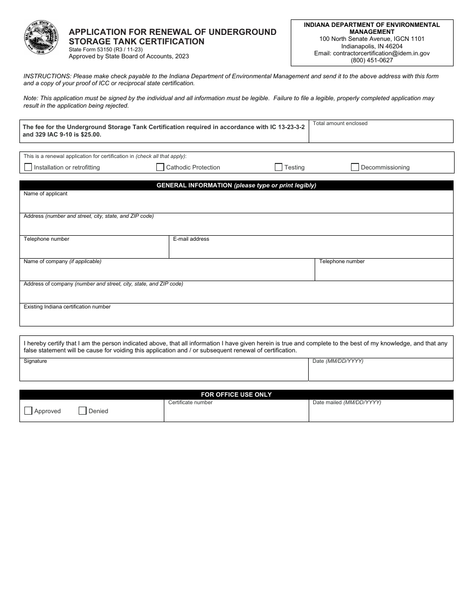 State Form 53150 Application for Renewal of Underground Storage Tank Certification - Indiana, Page 1