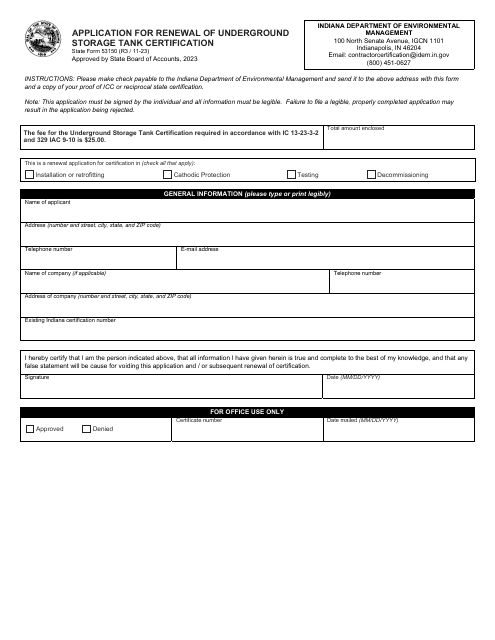 State Form 53150 Application for Renewal of Underground Storage Tank Certification - Indiana