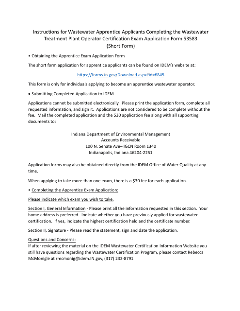 Instructions for State Form 53583 Application for Wastewater Treatment Plant Operator Certification Examination - Short Form for Apprenticeship Only - Indiana