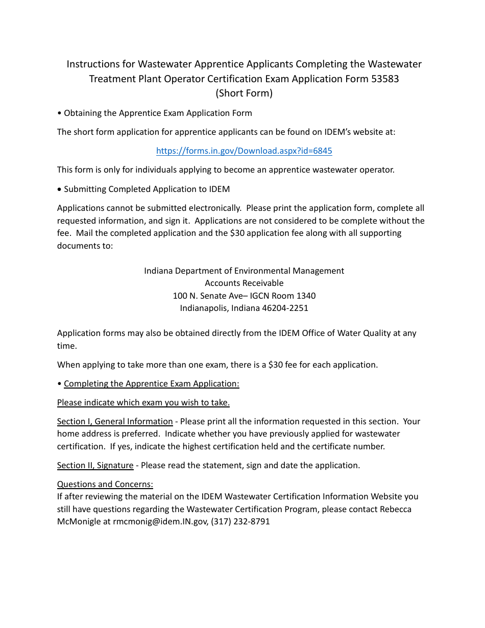 Instructions for State Form 53583 Application for Wastewater Treatment Plant Operator Certification Examination - Short Form for Apprenticeship Only - Indiana, Page 1