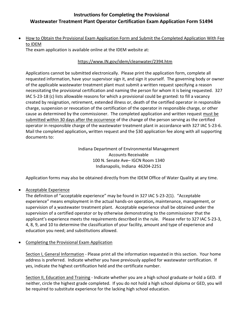 Instructions for State Form 51494 Application for Provisional Wastewater Treatment Plant Operator Certification - Indiana, Page 1
