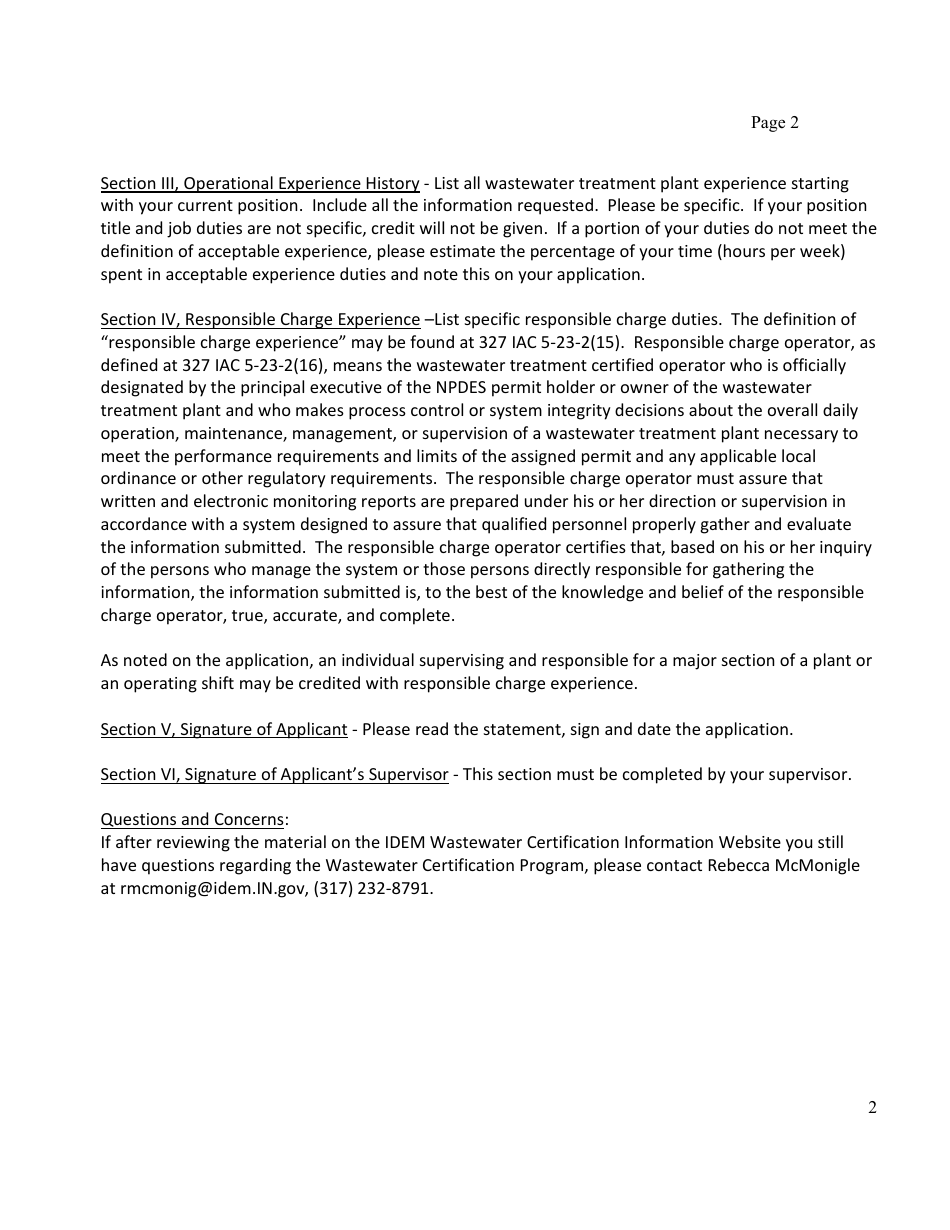 Instructions for State Form 51494 Application for Provisional Wastewater Treatment Plant Operator Certification - Indiana, Page 2