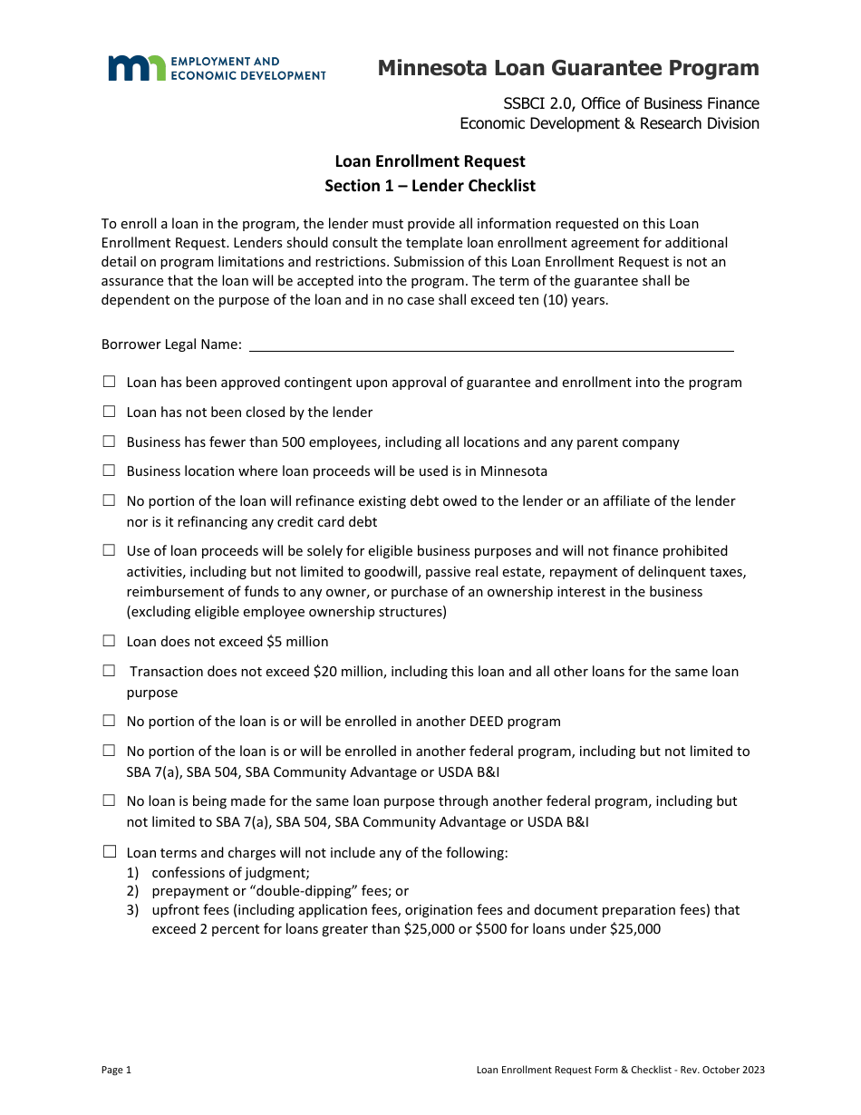Minnesota Loan Enrollment Request Minnesota Loan Guarantee Program Fill Out, Sign Online and