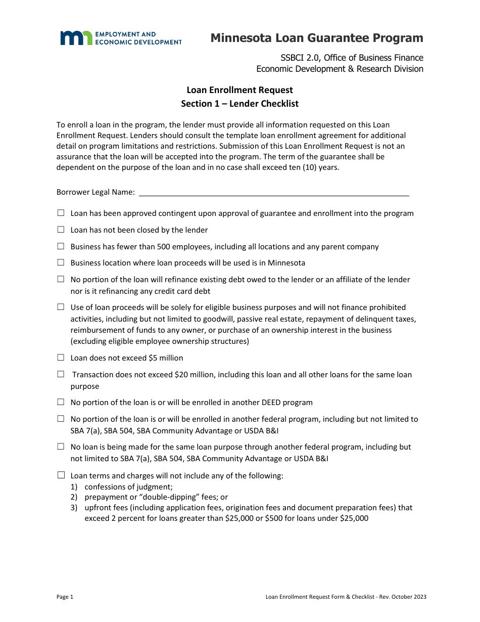 Loan Enrollment Request - Minnesota Loan Guarantee Program - Minnesota, Page 1