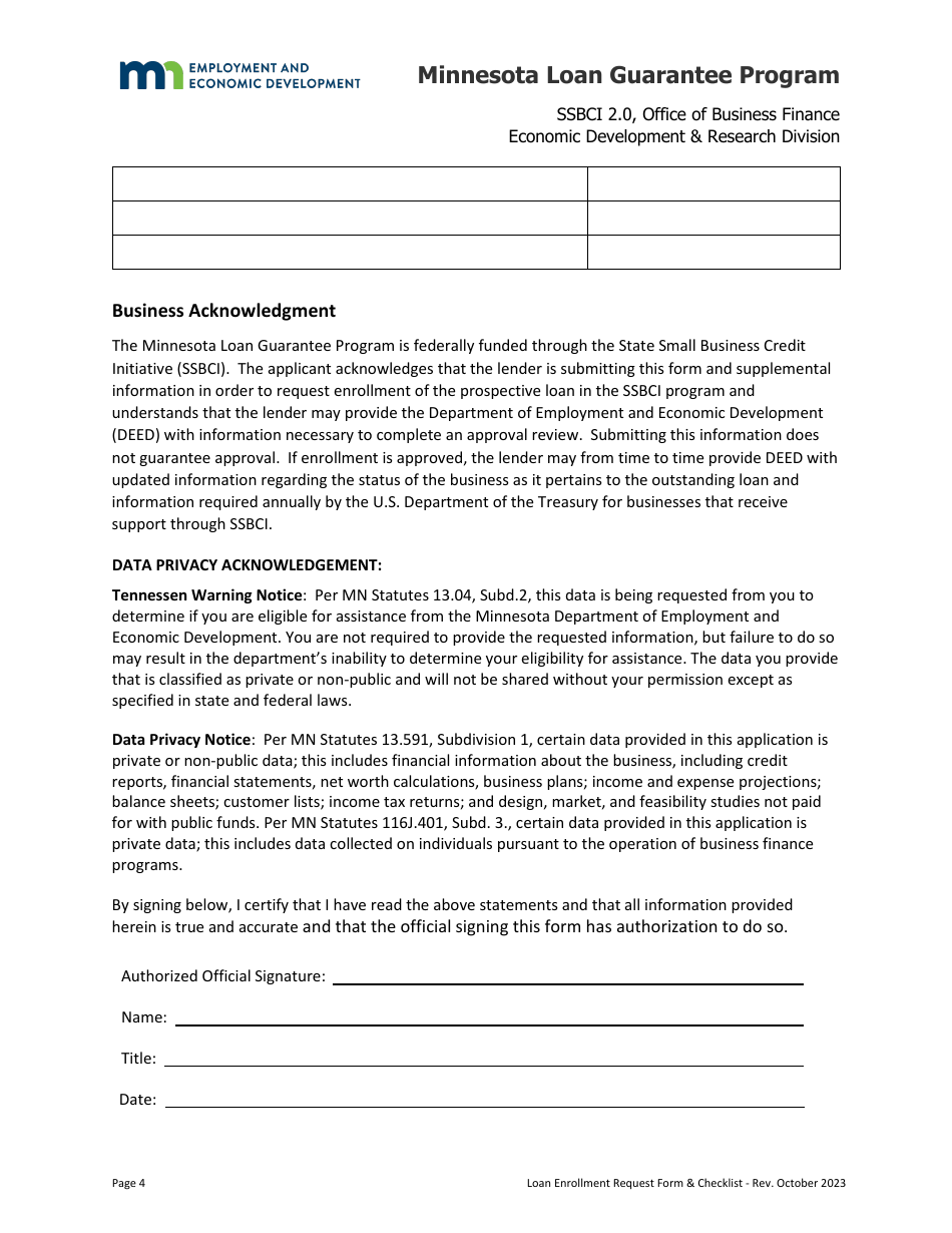 Loan Enrollment Request - Minnesota Loan Guarantee Program - Minnesota, Page 4