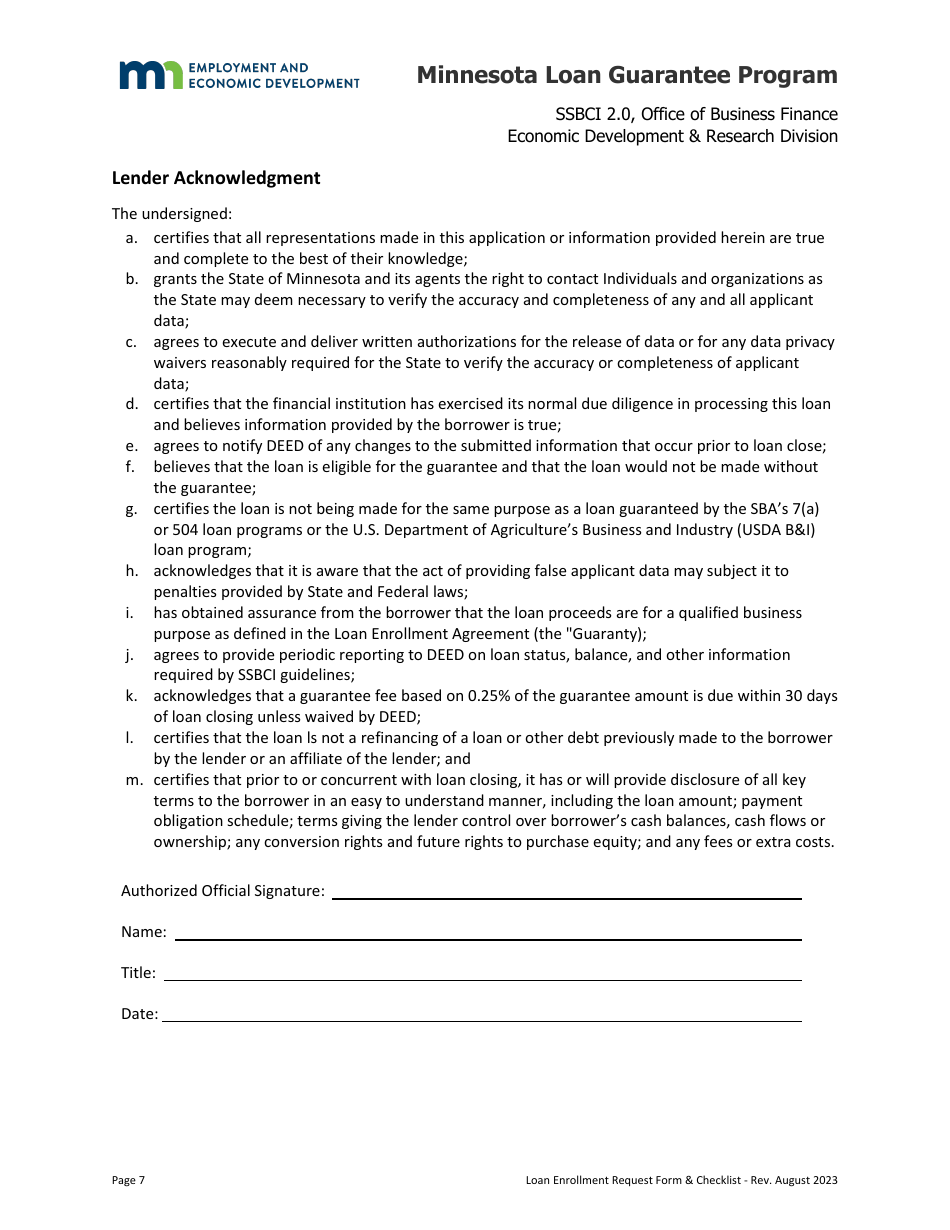 Loan Enrollment Request - Minnesota Loan Guarantee Program - Minnesota, Page 7