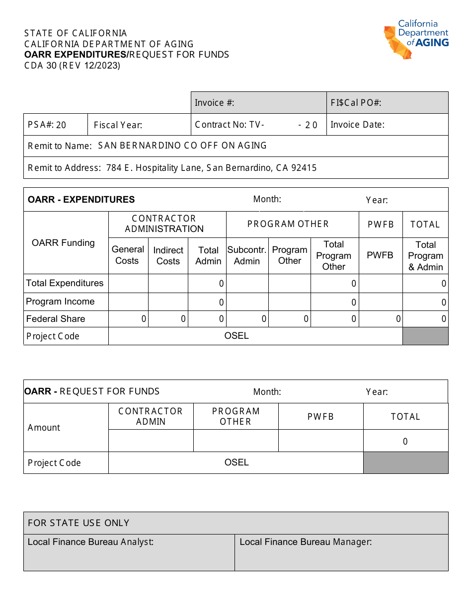 Form CDA30 Oarr Expenditures / Request for Funds - California, Page 1