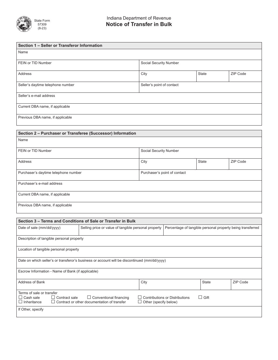 State Form 57309 Notice of Transfer in Bulk - Indiana, Page 1