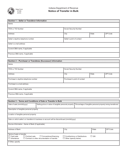 State Form 57309 Notice of Transfer in Bulk - Indiana