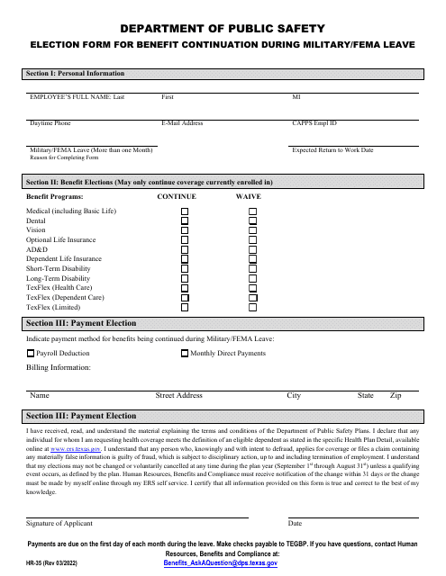 Form HR-35 Election Form for Benefit Continuation During Military/FEMA Leave - Texas