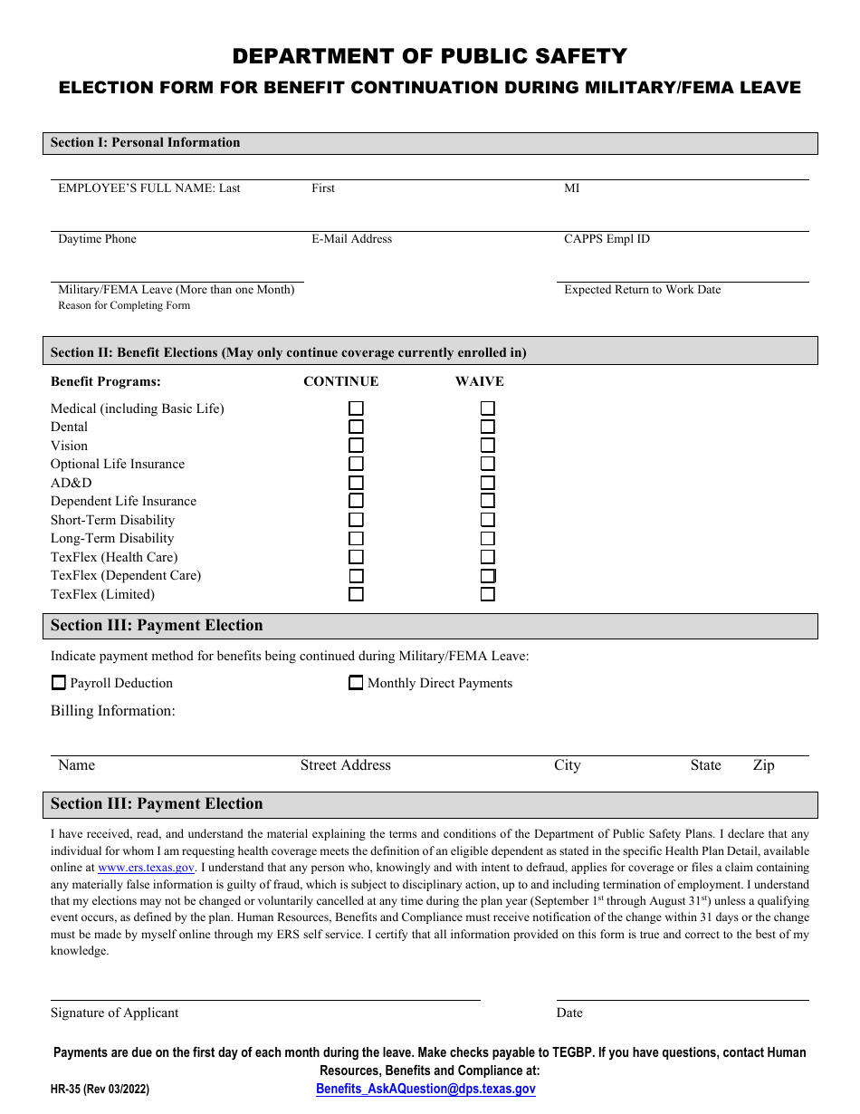 Form HR-35 Election Form for Benefit Continuation During Military / FEMA Leave - Texas, Page 1